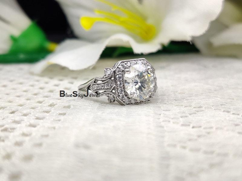 زفاف - 3.40Ctw Round Halo Ring - Vintage Engagement Ring -Wedding Ring- Art Deco Simulated Diamond Ring - Halo Promise Ring -14K White Gold Finish
