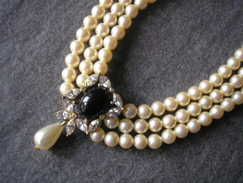 Wedding - Vintage Pearl Choker, Attwood and Sawyer Jewelry, Pearl Choker With Black Pendant, Indian Bridal Jewelry, Bridal Choker, Evening Jewellery