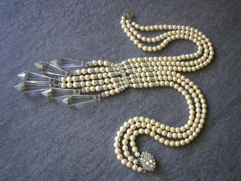 Wedding - Art Deco Pearl Necklace, Vintage Pearl Necklace, Abbey Jewellery, Gatsby Wedding, Deco, 3 Strand Pearls, Long Pearl Necklace, 1920s