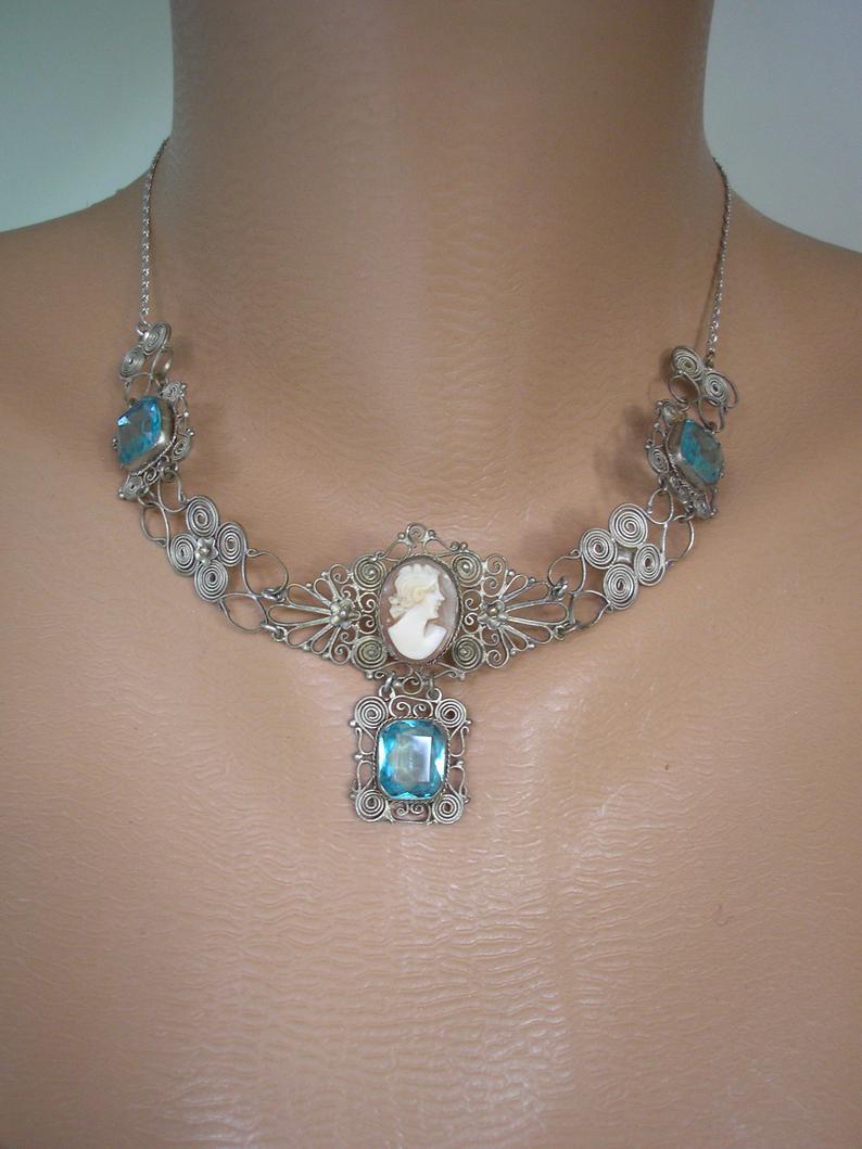 Свадьба - Antique Silver Filigree Cameo Necklace, Shell Cameo Jewellery, Hallmarked 800 Silver, Cannetille, Aquamarine Stones, Topaz Blue, Art Deco