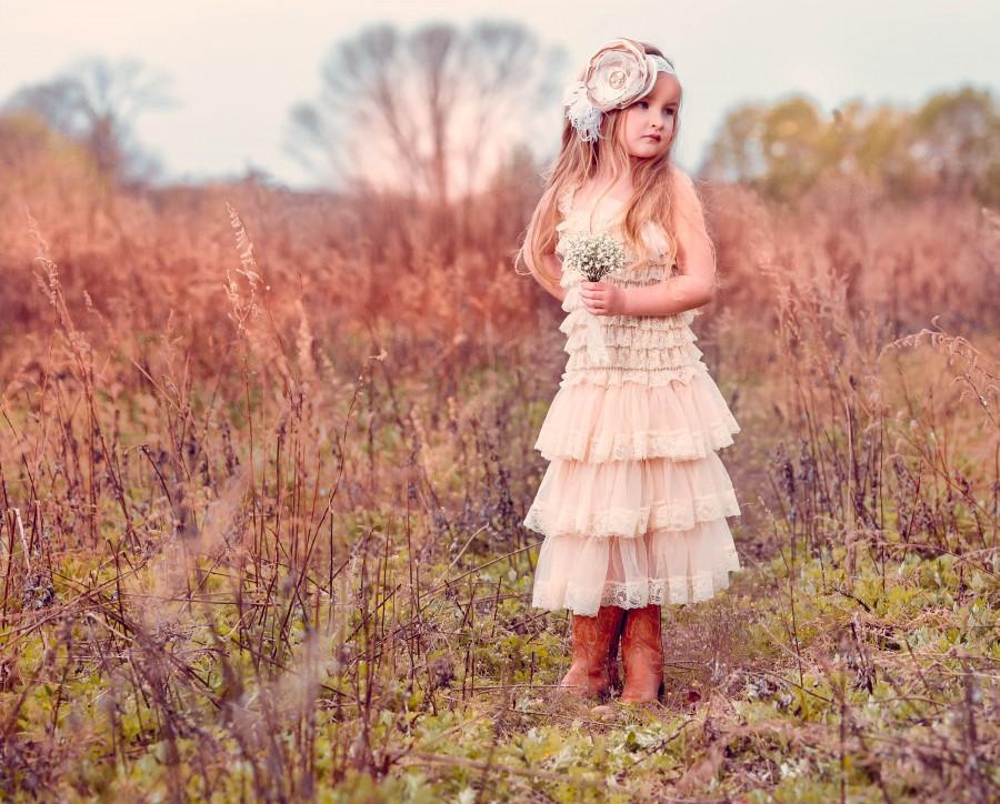 Wedding - Hannah Flower Girl Dress, Rustic flower girl dress, Vintage Flower Girl Dress, ShabbyChic Girl, Ivory lace dress, country flower girl dress