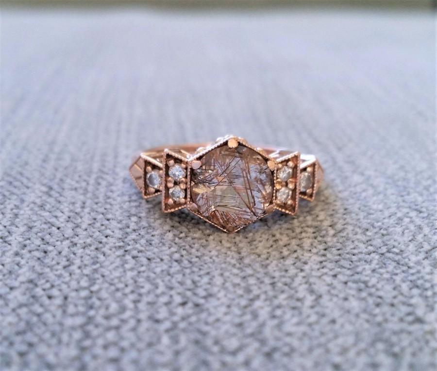 Mariage - Antique Diamond Bronze Rutilated Quartz Engagement Ring Rose Gold 1920s Red Copper Gemstone Rustic Bohemian PenelliBelle "The Florence"