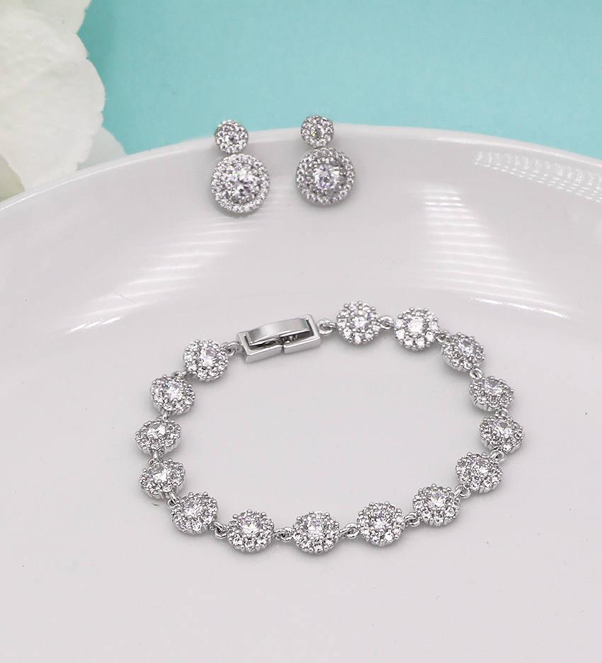 Hochzeit - Earrings Bracelet Set, Silver Crystal wedding bracelet, Bridesmaid bracelet, cubic zirconia bracelet, bridal jewelry, Aubrie Bracelet Set