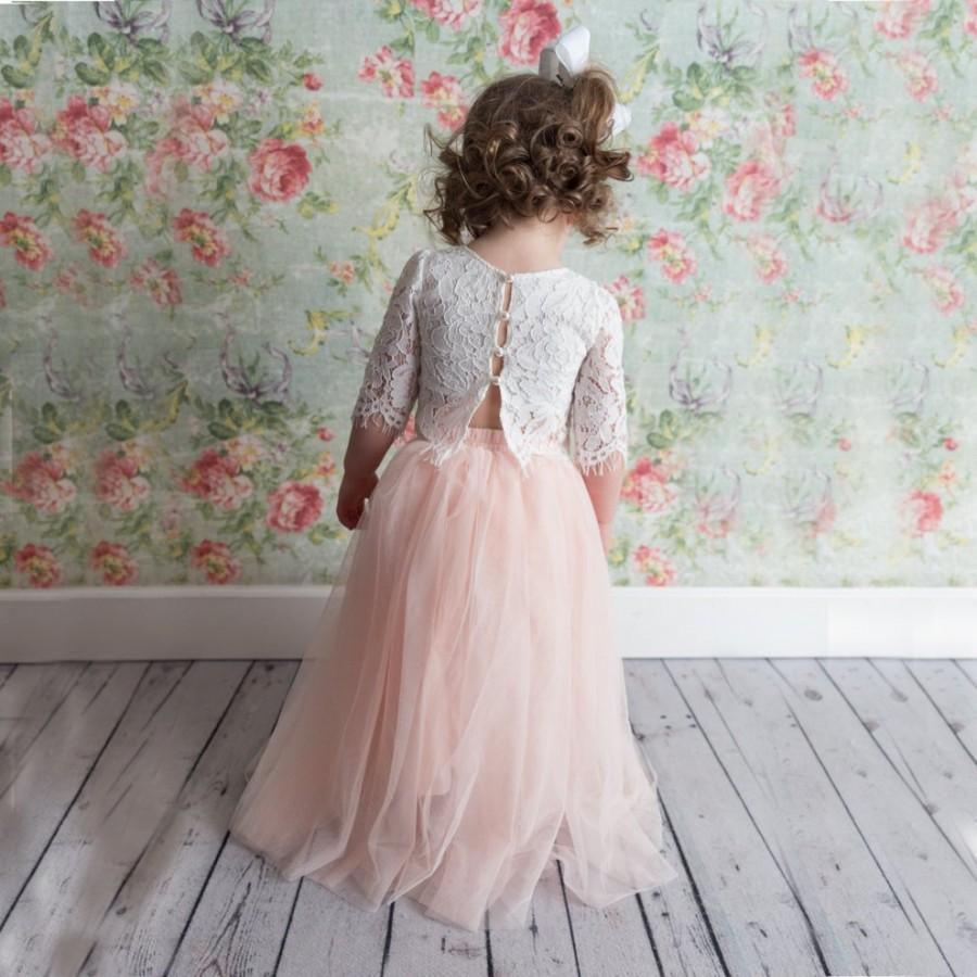 Wedding - Blush Pink Tulle Two Piece Skirt, Romantic White Lace Flower Girl Dress, Boho Beach Wedding, Crochet Dress
