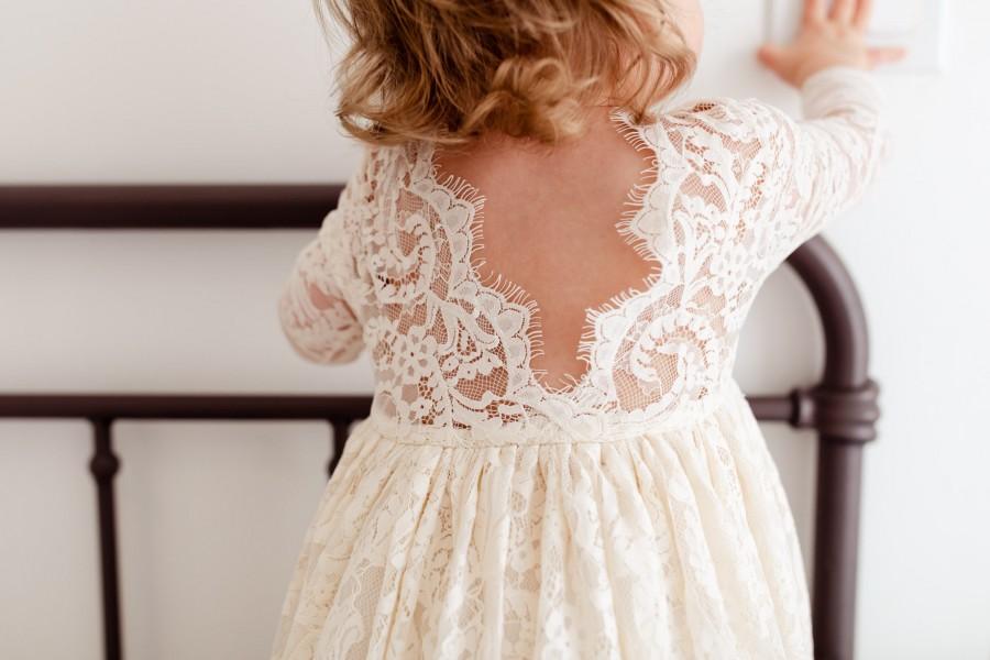 Hochzeit - Boho Lace Flower Girl Dress, Cream Tulle Wedding Dress, Beach Wedding Dress, Rustic Bohemian Dresses