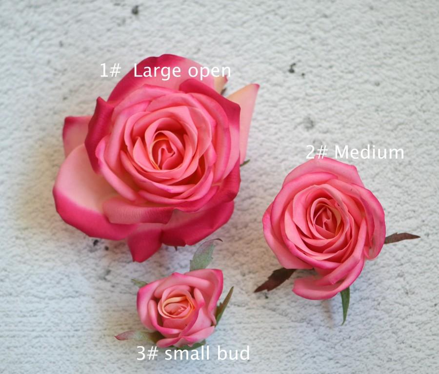 Wedding - Hot Pink Rose Heads Real Touch Roses DIY Wedding Cake Toppers Real Touch Silk Wedding Flowers