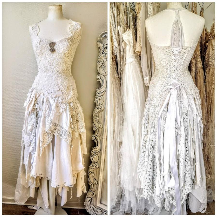 Mariage - Wedding dress fairy goddess,ethereal bridal gown,bridal gown gold and cream,boho wedding tattered dress,farm wedding,bohemian wedding dress