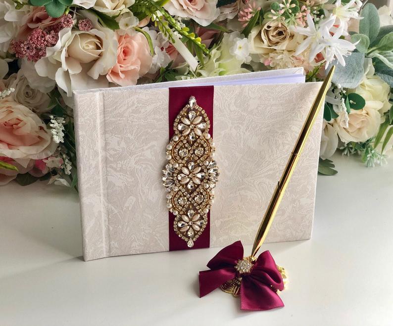 Mariage - Gold Guest Book and Pen, Burgundy Guest Book, Wedding Sign in Book