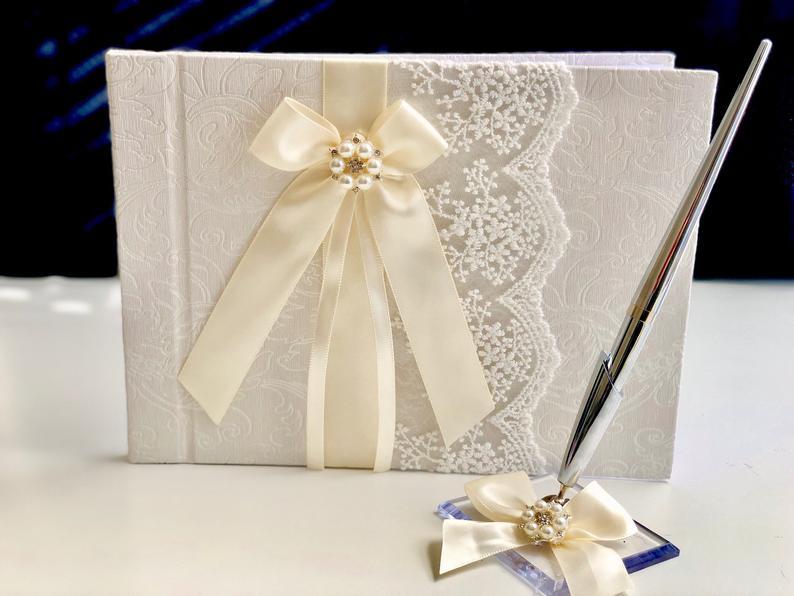 Wedding - Wedding Guest Book, Ivory Guest Book with Pen, Sign in Book