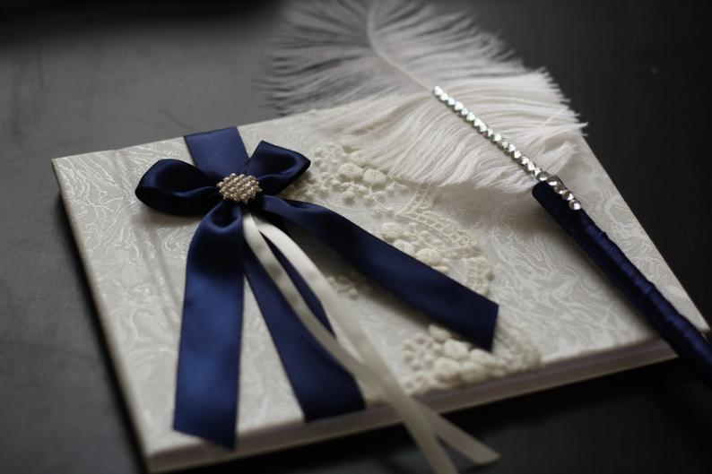 زفاف - Navy Blue Wedding Guest Book and Pen