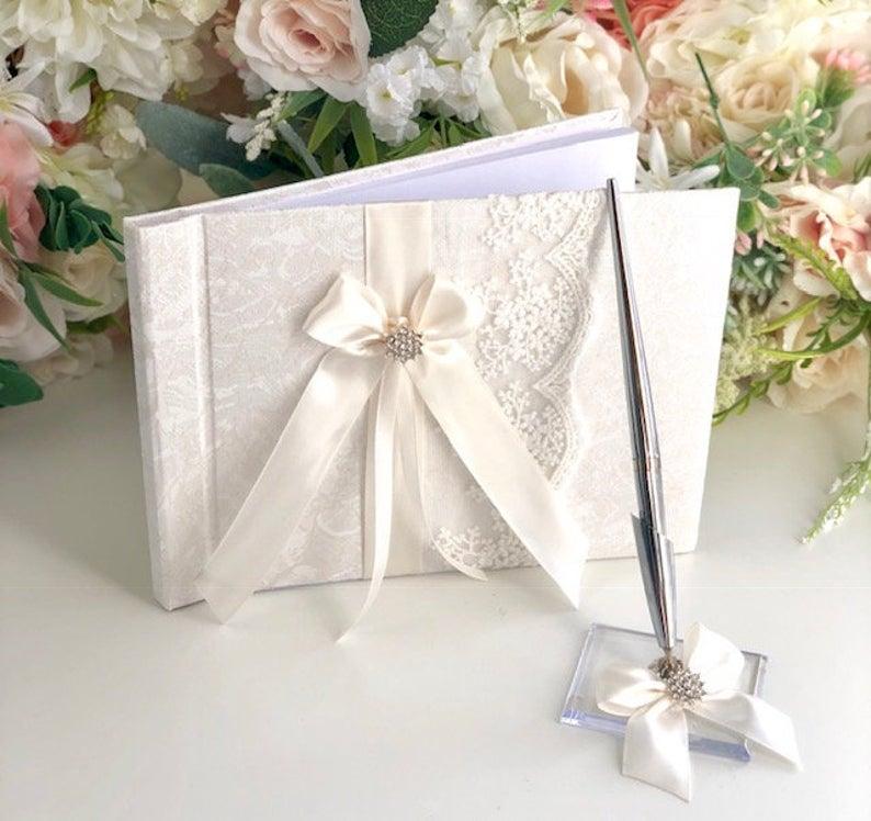 Wedding - Off-White Guest Book with Pen, Wedding Guest Book