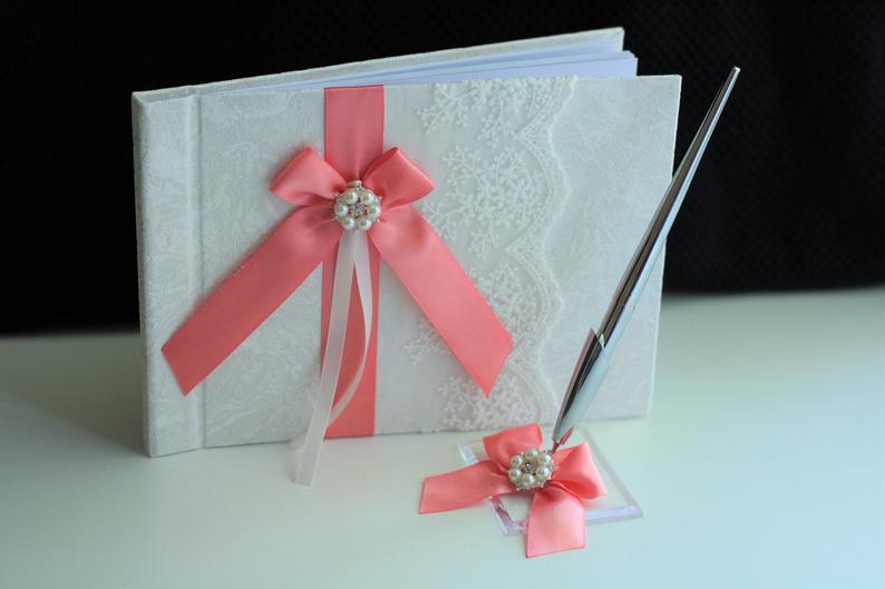 Wedding - Coral Guest Book with Pen, Coral Wedding Guest Book