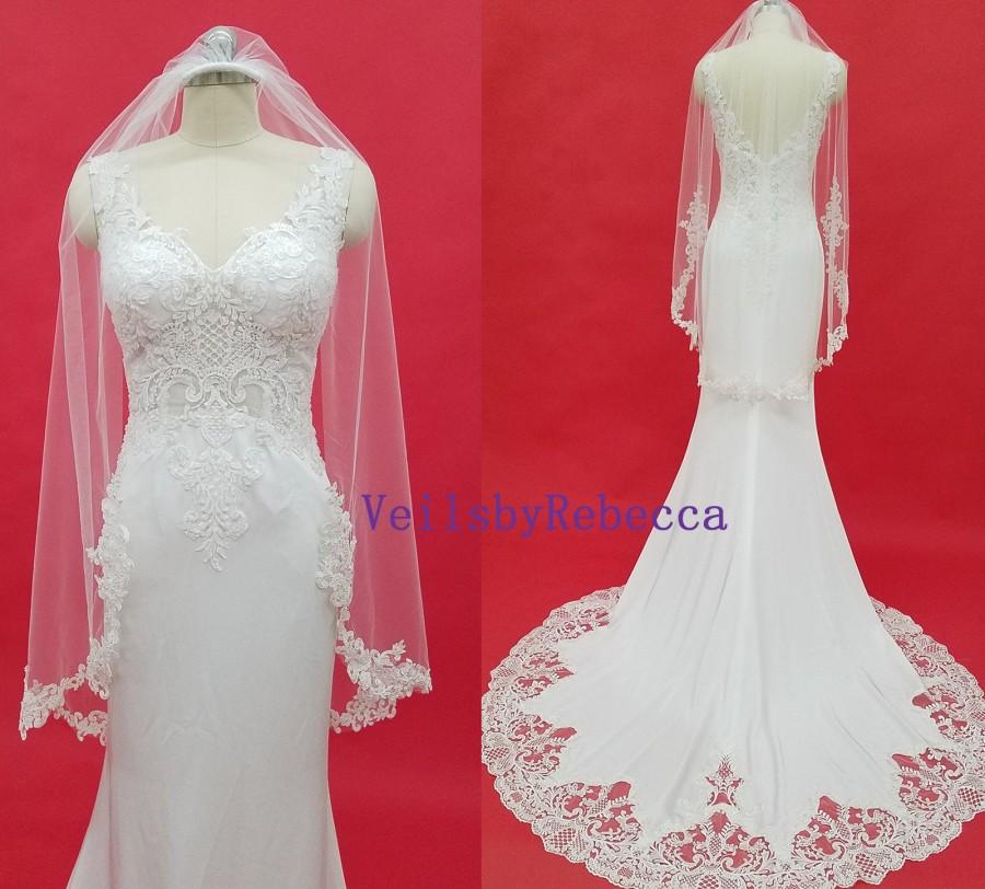 زفاف - Fingertip beading lace Veil- Partial lace beading veil, Pearl beading lace applique wedding veil, 1 tier Short Sequin Lace Bridal Veil V636C