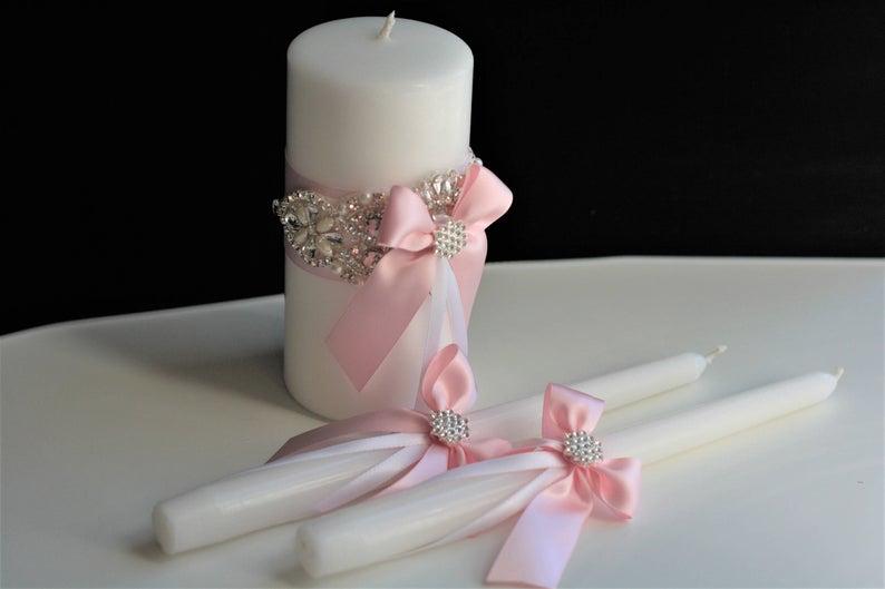 Wedding - Unity Candle Set - Blush Pink, White and Silver