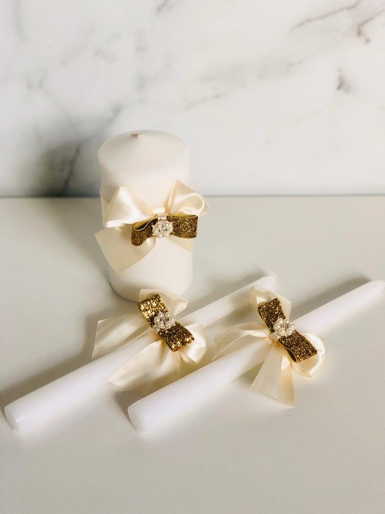 Hochzeit - Ivory Gold Wedding Unity Candle Set