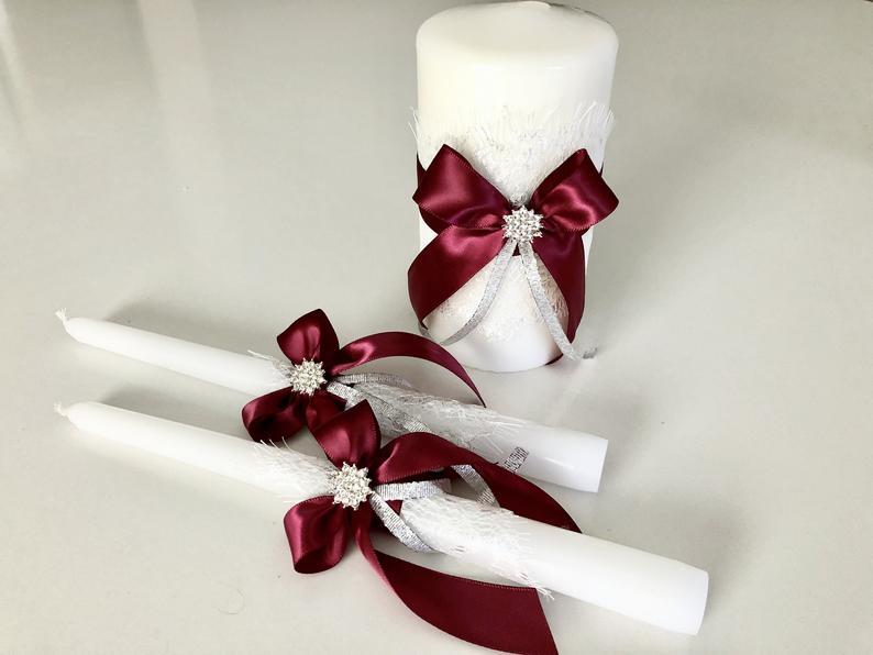 Wedding - White Burgundy Unity Candles