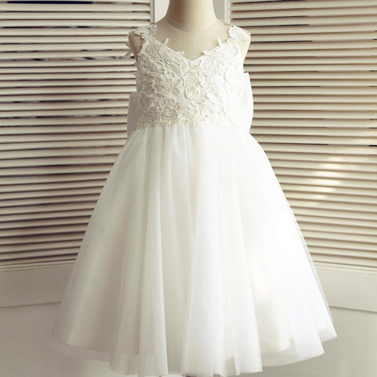 Hochzeit - Ivory lace and tulle flower girl dress with large ivory satin bow at back