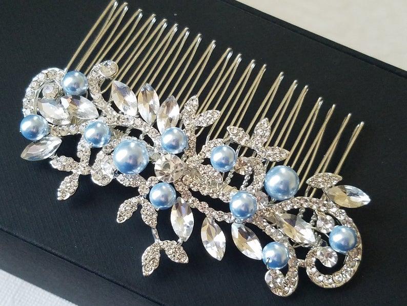 Mariage - Crystal Blue Pearl Bridal Hair Comb, Swarovski Blue Pearl Silver Hair Piece, Wedding Bridal Headpiece, Bridal Light Blue Floral Hair Piece