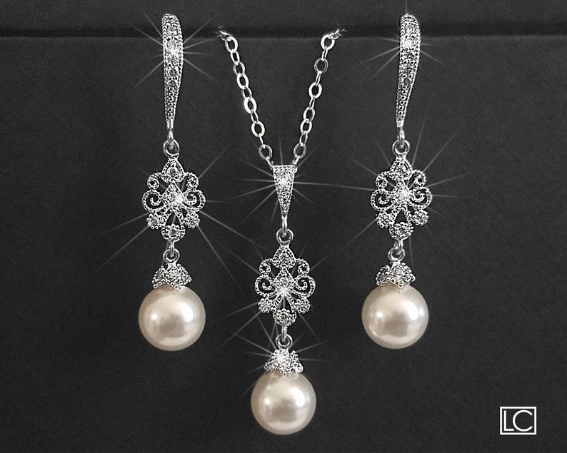 زفاف - Pearl Bridal Jewelry Set, Earrings&Necklace Jewelry Set, Swarovski 8mm White Pearl Wedding Set, Pearl Wedding Jewelry Set, Bridal Jewelry