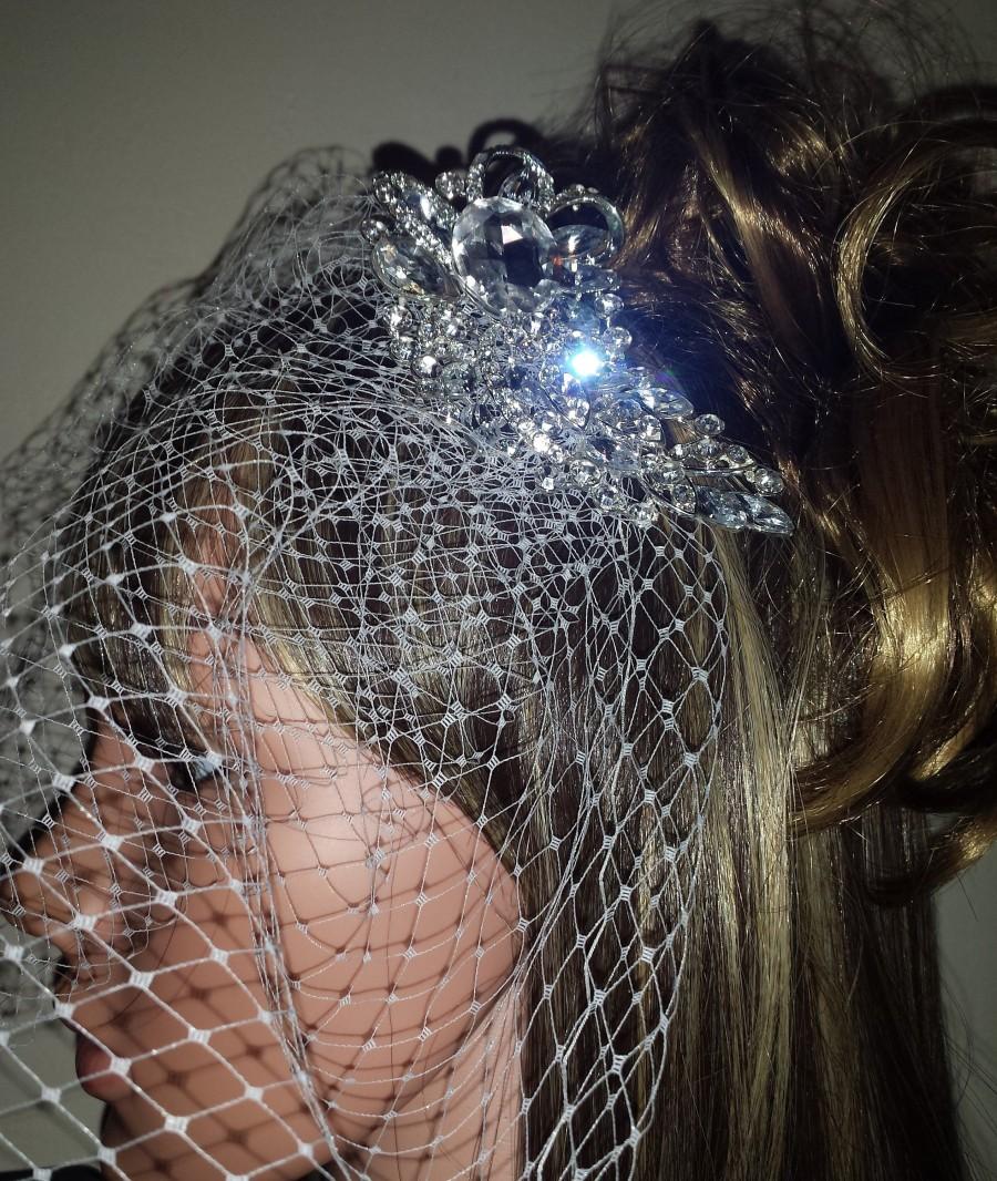 Wedding - Bridal Birdcage wedding veil. Large Diamante 4" slivertone comb attached to 9" Ivory French net veiling. FREE UK POSTAGE
