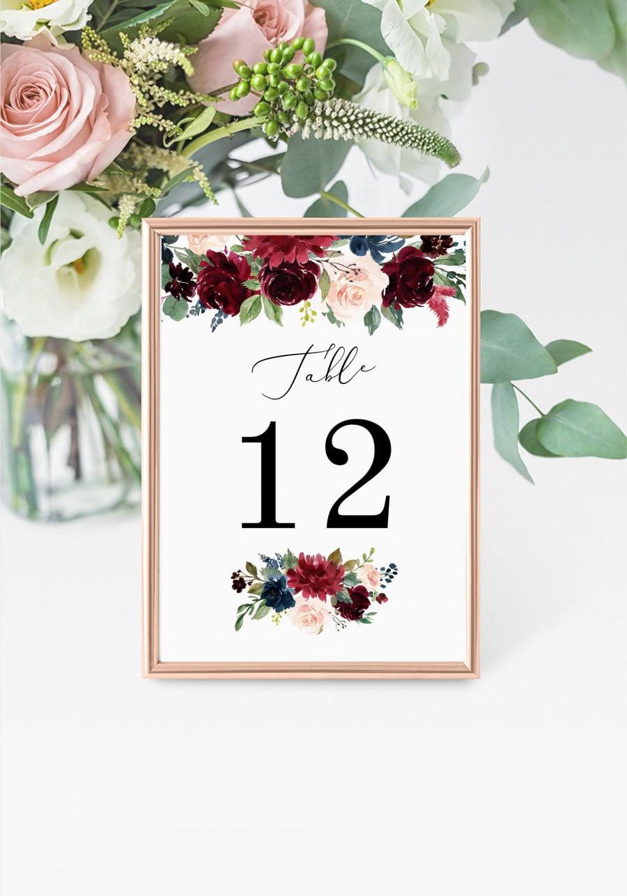 Mariage - Burgundy Table Numbers 5x7" INSTANT DOWNLOAD, Printable Wedding Table Numbers, DIY Printable Decorations, Templett, Editable, INSW009