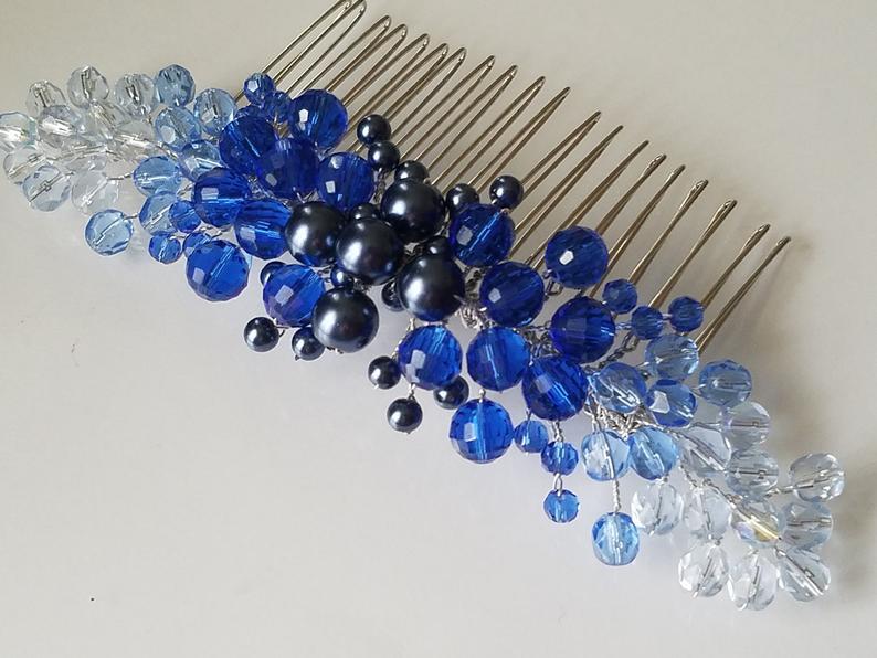 Hochzeit - Blue Sapphire Bridal Hair Comb, Blue Hair Piece, Wedding Blue Hair Jewelry, Blue Crystal Hair Piece, Something Blue, Royal Blue Crystal Comb