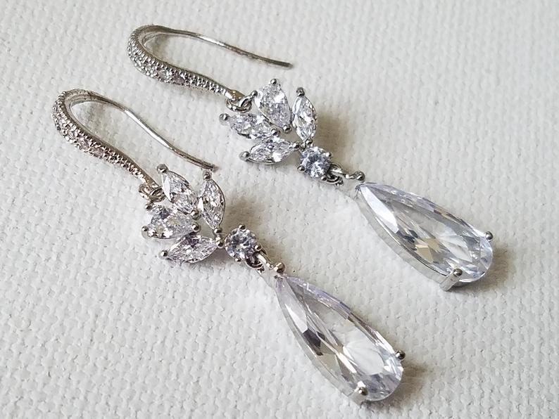 Hochzeit - Teardrop Crystal Earrings, Cubic Zirconia Bridal Earrings, Cubic Zirconia Silver Dangle Earrings, Bridal Jewelry, Bridal Sparkly Earrings