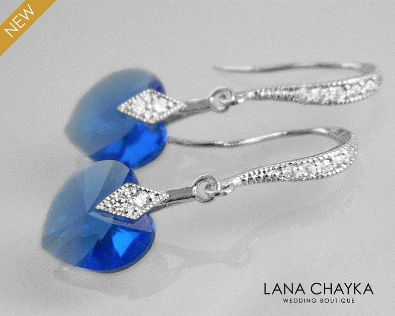 Mariage - Sapphire Heart Crystal Earrings, Swarovski Heart Silver Earrings, Blue Dainty Heart Earrings, Wedding Sapphire Earrings, Bridal Bridesmaids