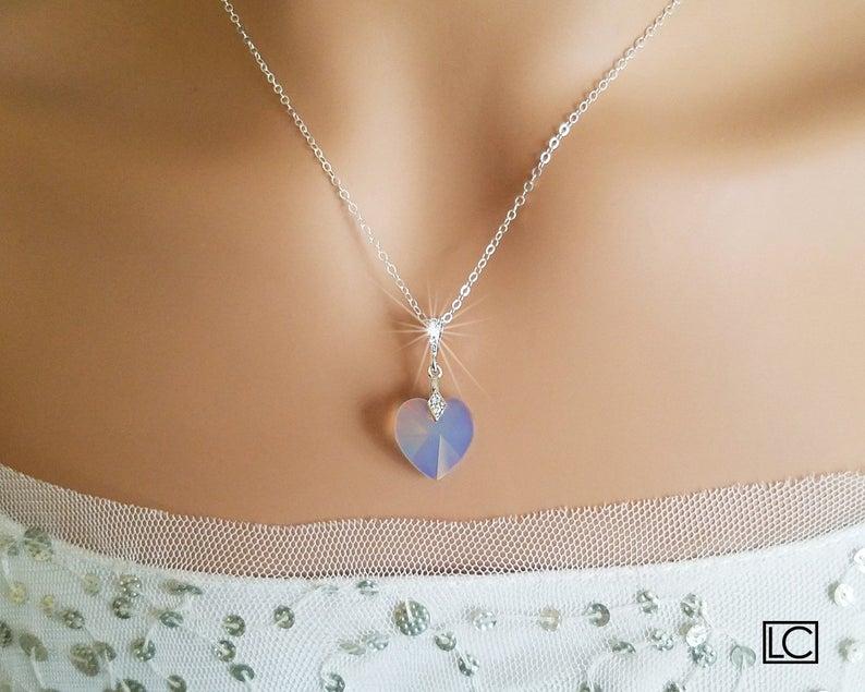 زفاف - Blue Opal Heart Necklace, Swarovski Air Blue Opal Silver Pendant, Pastel Light Blue Crystal Necklace, Wedding Blue Heart Bridal Necklace