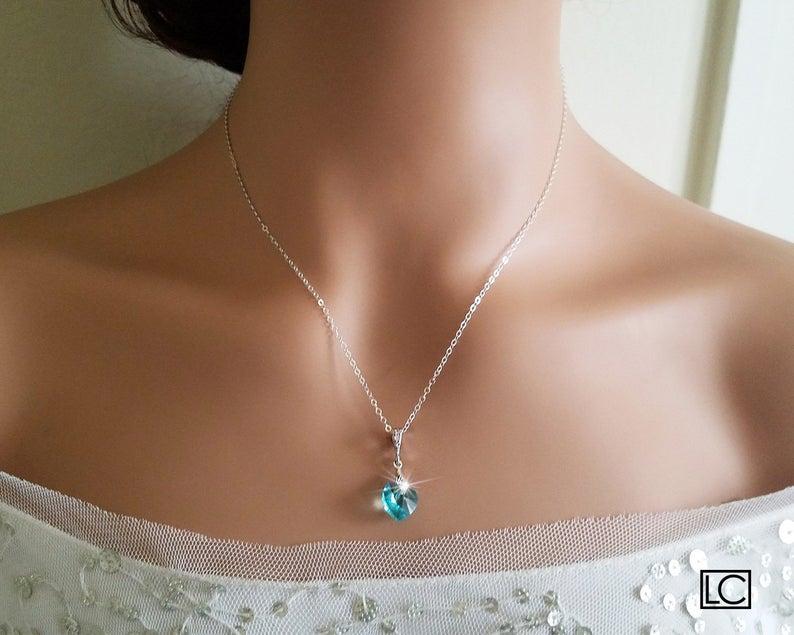 Свадьба - Light Turquoise Heart Crystal Necklace, Swarovski Heart Silver Pendant, Teal Dainty Heart Necklace, Wedding Light Teal Jewelry Prom Necklace