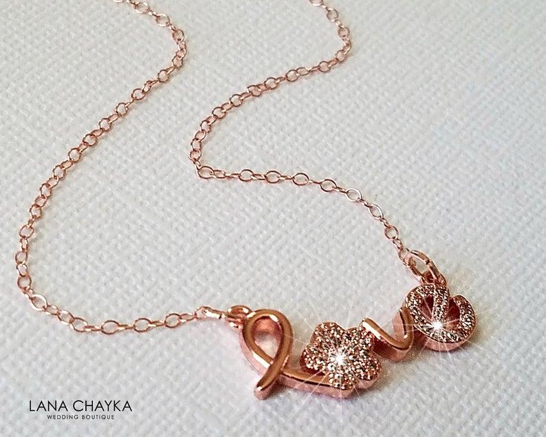 Wedding - Rose Gold Love Necklace, Love Necklace, Love Script Necklace, Wedding Rose Gold Jewelry, Pink Gold Love Pendant, Women Love Necklace