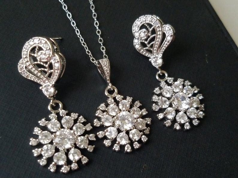 Wedding - Crystal Bridal Jewelry Set, Cubic Zirconia Earrings Necklace Set, Wedding Crystal Jewelry, Zirconia Earrings, Crystal Pendant Bridal Jewelry