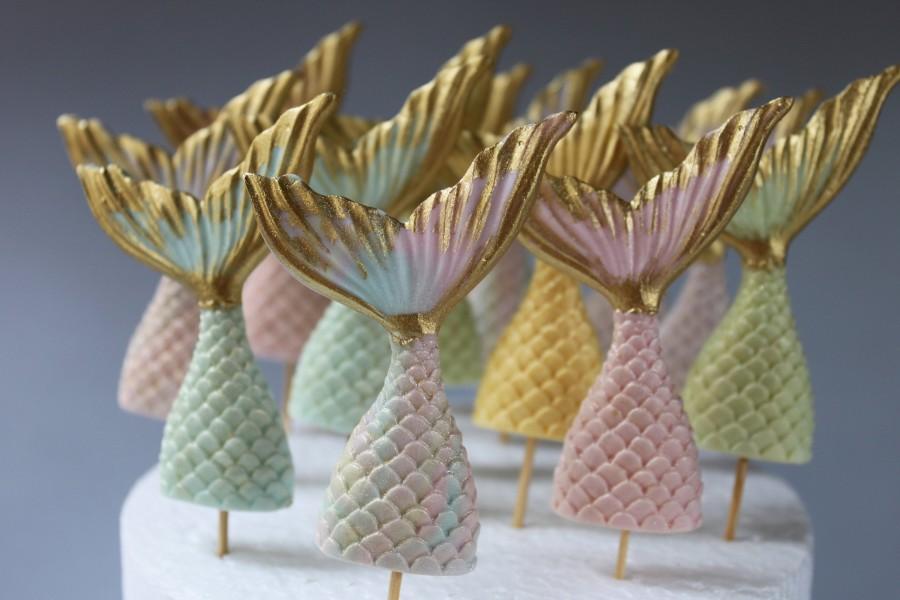 زفاف - Fondant gum paste Mermaid tails dozen cupcake themed cake sugar decorations