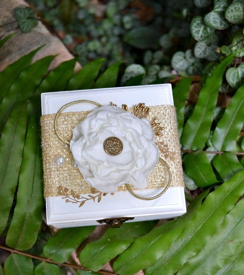 Wedding - Gold Ring Box Wedding, White Ring Bearer Box with Gold and Flower Fabric, Delicate wooden alliance holder box, Glamour Wedding Ceremony