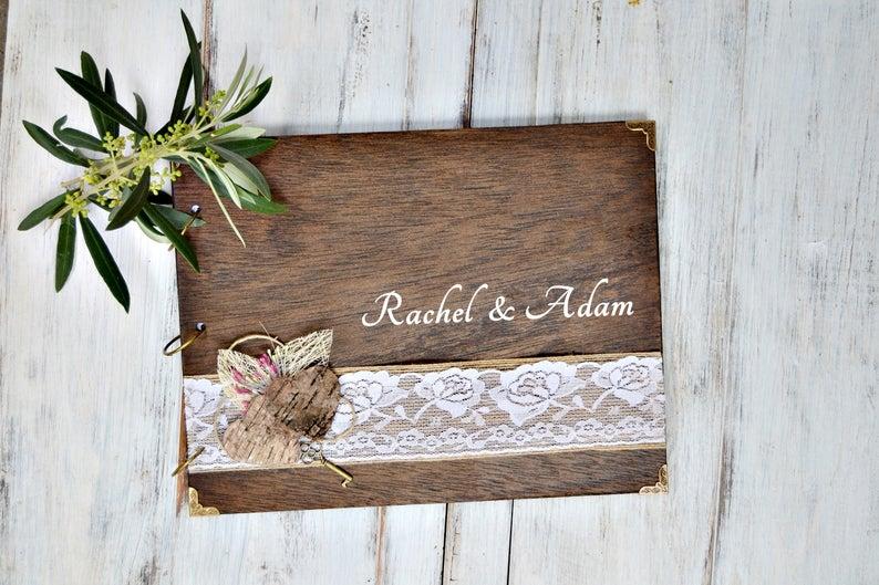 Mariage - Personalized Wedding Guest Book, Wood Guest Book, Lace Heart Guest Book, Photo Album, Wedding Gift for Bride.