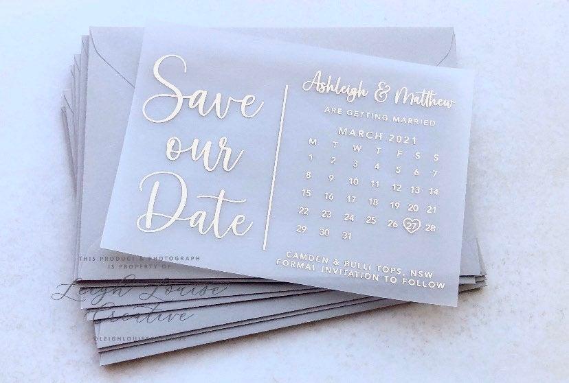 Hochzeit - Foil vellum save the date with calendar, foil save the date tag, vellum invitation, foil wedding stationery, rose gold, gold, silver, copper