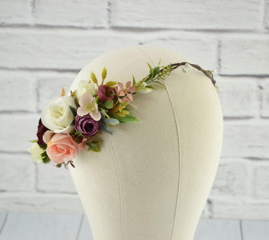 Mariage - Flower Crown Bridal Floral Headpiece Wedding Flower Headband Burgundy Blush Pink Wedding hair piece Flower for Hair Ready to ship