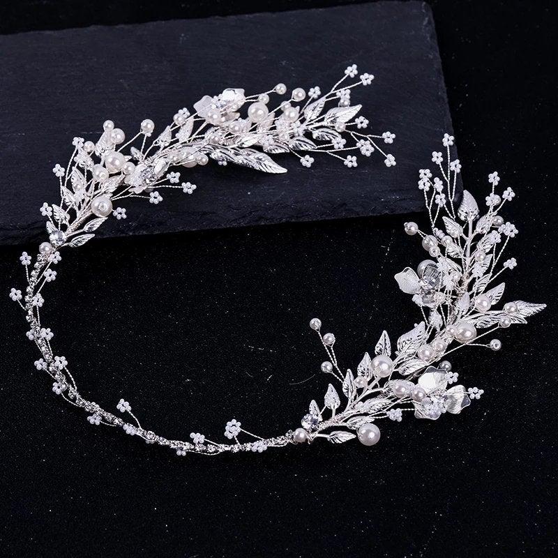 Свадьба - Silver Leaf Pearl Headband Tiara For Bridal Hair Accessories Wedding Hair Band Crystal Pearl Tiaras and Bride Headpieces,tiaras,bridal crown
