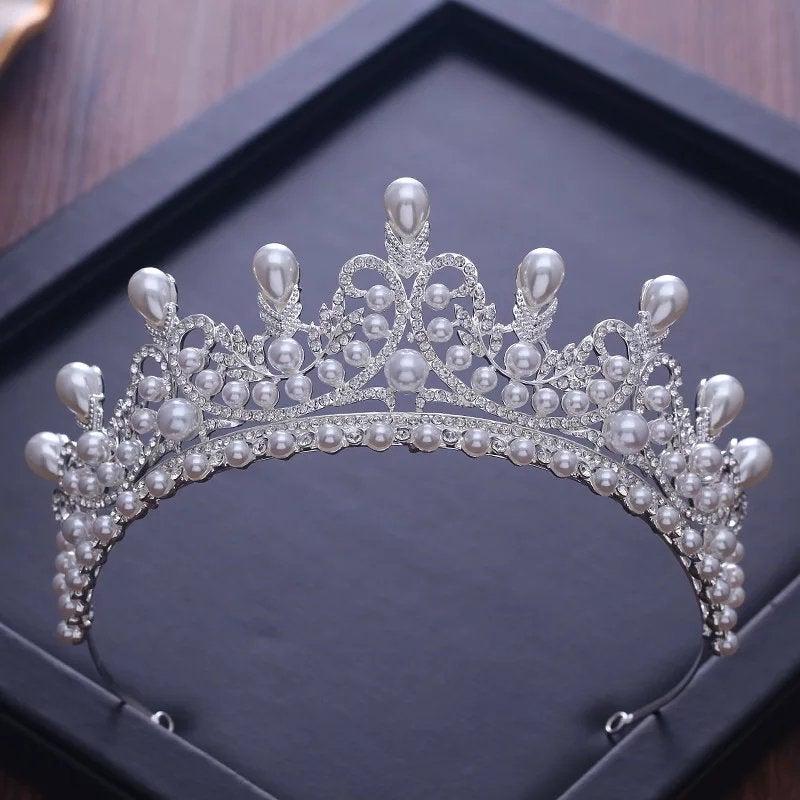 زفاف - Handmade Princess Jewelry Large Full Circle Rhinestones Queen Pageant Crown Bridal Hair Jewelry Wedding Dress Accessories,Pearl tiara