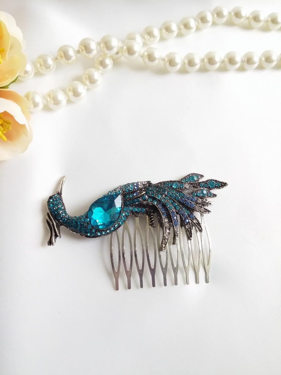 Mariage - Turquoise peacock headpiece Turquoise rhinestone Hair Comb Turquoise headpiece Rhinestone peacock bridal hair comb Unusual phoenix hair clip