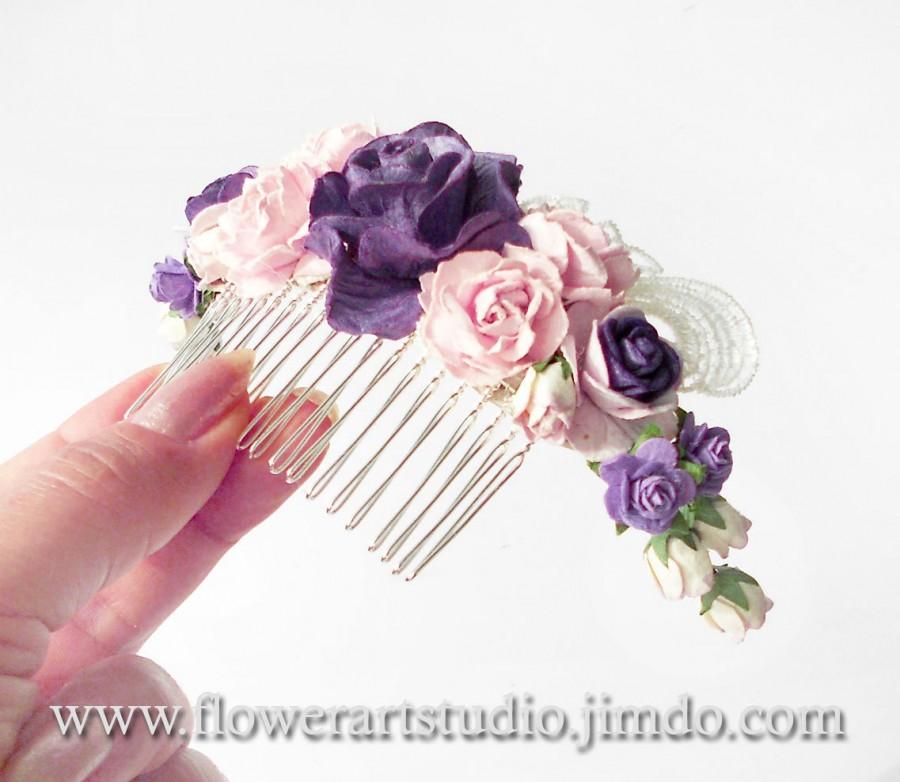Wedding - Purple and Pink Flower Comb, Cottage Shic Purple Bridal Headpiece, Romantic Bridal Comb, Purple Bridal Hair Flower, Rustic Style Hair Comb.