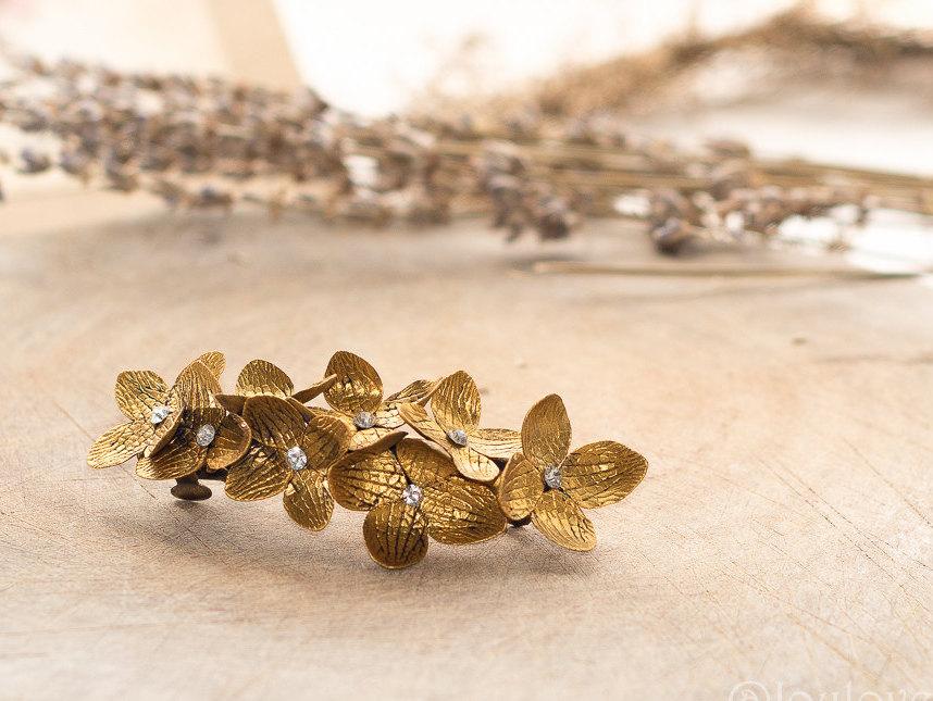 Wedding - Gold Hydrangea Barrette, hair clip, hair accessories , polymer clay flower, handmade jewelry, gift for her