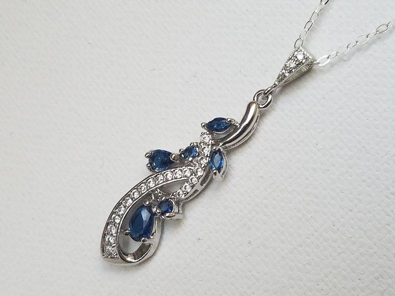 زفاف - Navy Blue Crystal Necklace, Bridal Blue Sapphire Floral Necklace, Wedding CZ Blue Silver Pendant, Sapphire Bridal Jewelry, Dark Blue Pendant
