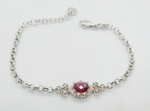 Wedding - Vintage silver toned rhinestone tennis bracelet with pink center