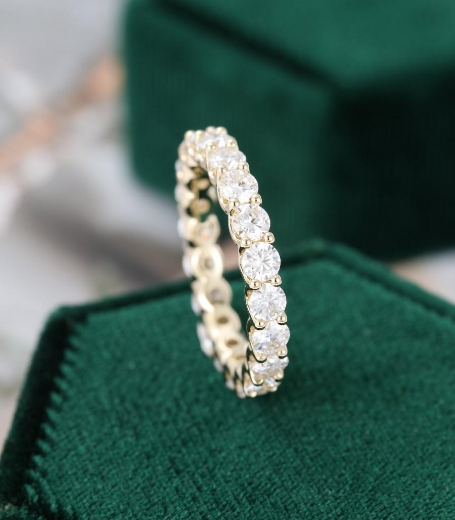 Mariage - Full eternity wedding band vintage yellow gold Unique Moissanite wedding band women Antique Stacking Matching bridal promise gift for her