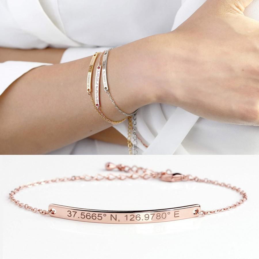 Hochzeit - Personalized Coordinate Silver Bracelet, Rose Gold Silver Bar Bracelet,Personalized Bracelets for Girlfriends,Couple Bracelet,Gifts for Her