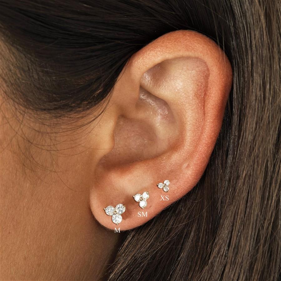 Mariage - Single (Half Pair) 14k Gold Genuine Diamond 3 Stone Trio Triangle Cluster Stud Earrings w/ High Quality Diamonds in White Yellow Rose Gold