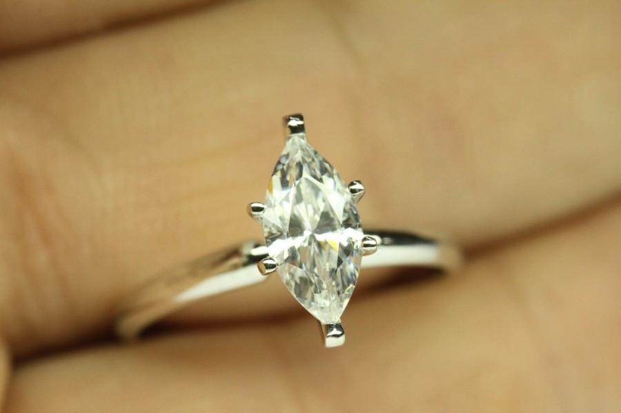 زفاف - 2 Carat Diamond Ring, Marquise Cut Engagement Ring, Marquise Solitaire Ring , Marquise Simulated Diamond Halo, 14K White Gold Plated