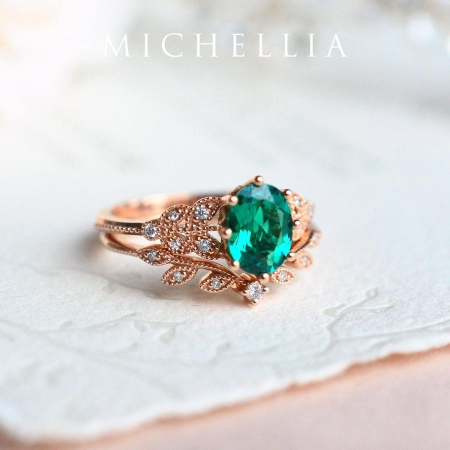 Hochzeit - Olivia Emerald Engagement Ring, Floral Emerald Ring, Oval Emerald Ring Set, Rose Gold Bridal Set, Woodland Wedding, 14K 18K Gold Platinum