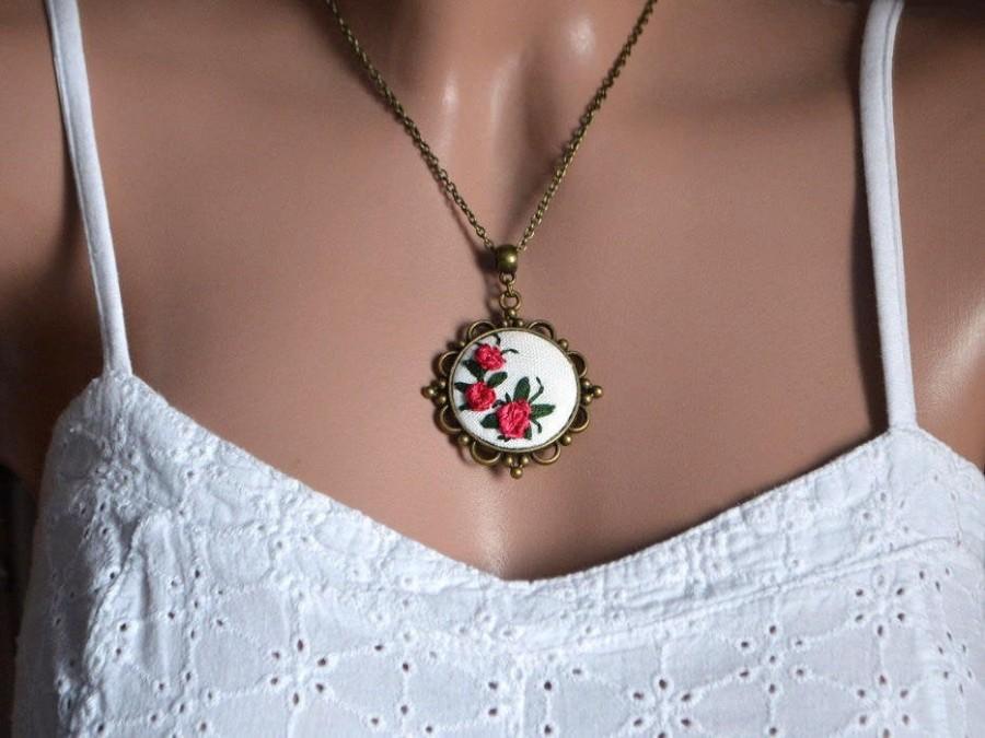 Hochzeit - embroidered pendant embroidery jewelry, Necklace Pendant tape embroidery necklace Romantic pendants nature jewelry bridesmaids gift for her